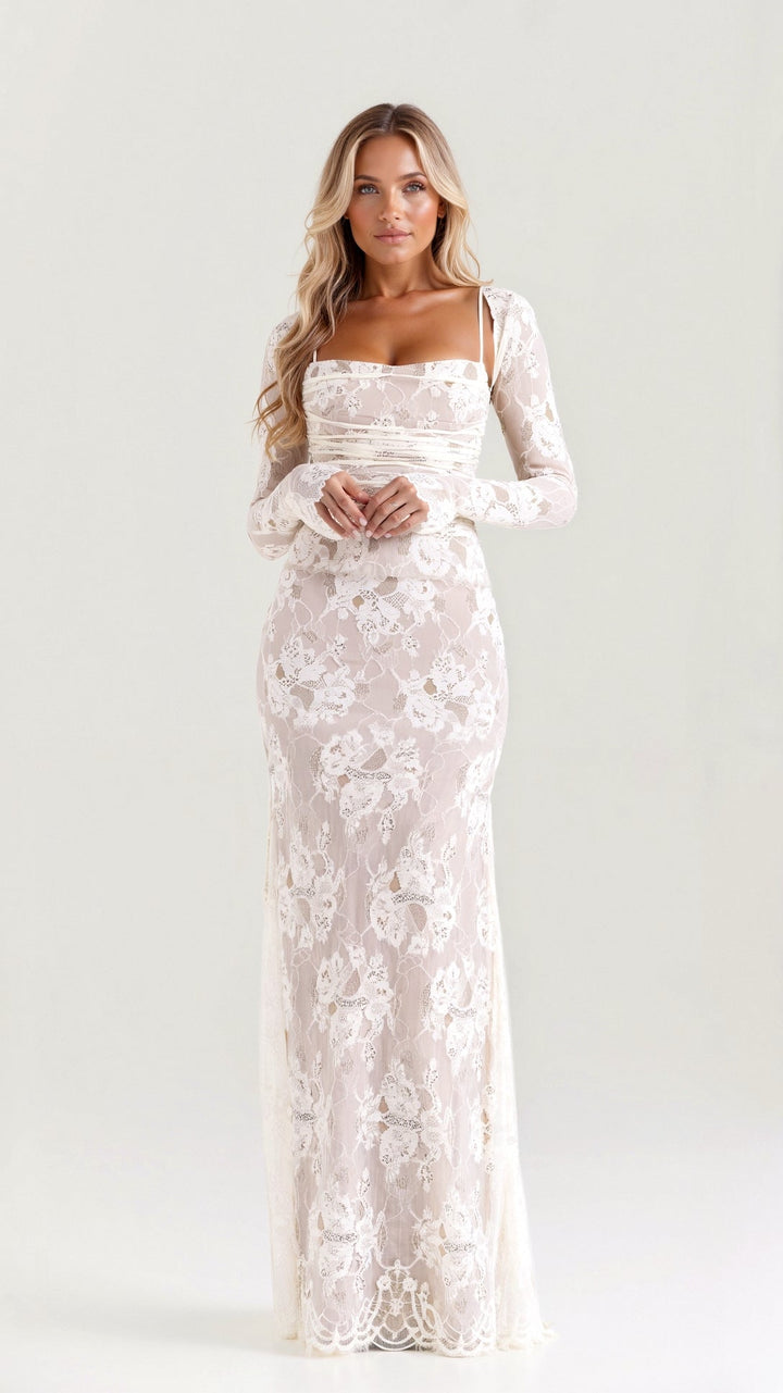 Elegantes Damen Spitzen-Maxikleid für Hochzeitsgäste in Biały
