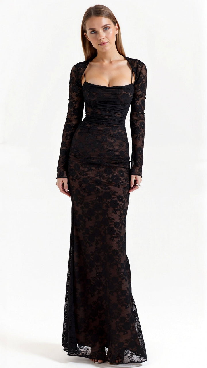 Elegantes Damen Spitzen-Maxikleid für Hochzeitsgäste in Schwarz
