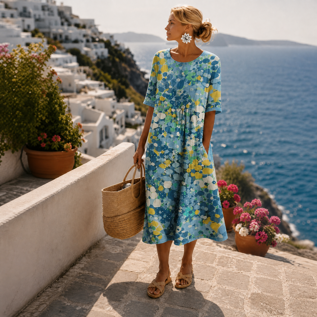 Elegantes Damen Vintage-Midikleid mit Blumenmuster für Hochzeitsgäste in Blau