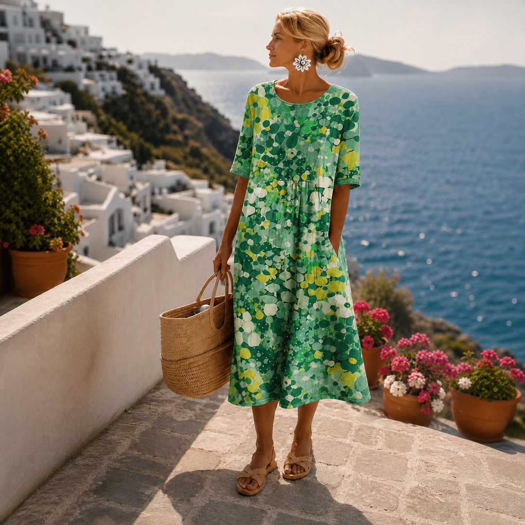 Elegantes Damen Vintage-Midikleid mit Blumenmuster für Hochzeitsgäste in Grün