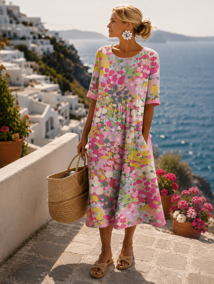 Elegantes Damen Vintage-Midikleid mit Blumenmuster für Hochzeitsgäste in Rosa