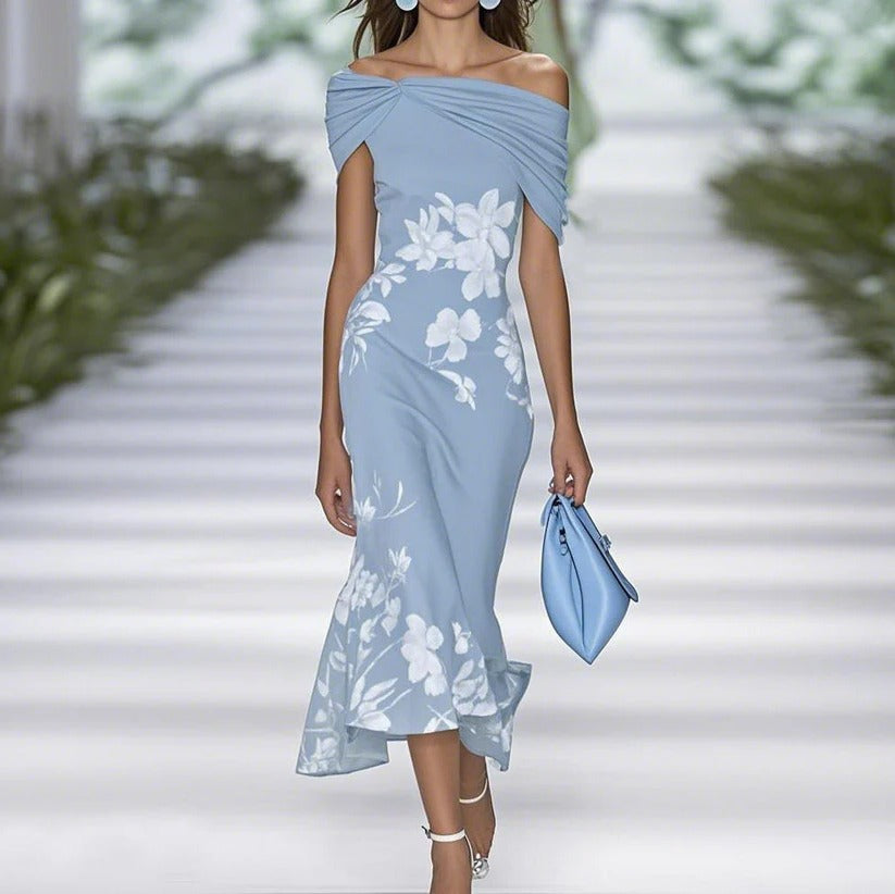 Elegantes drapiertes Midi-Kleid für Hochzeitsgäste mit Blumenmuster in Blau