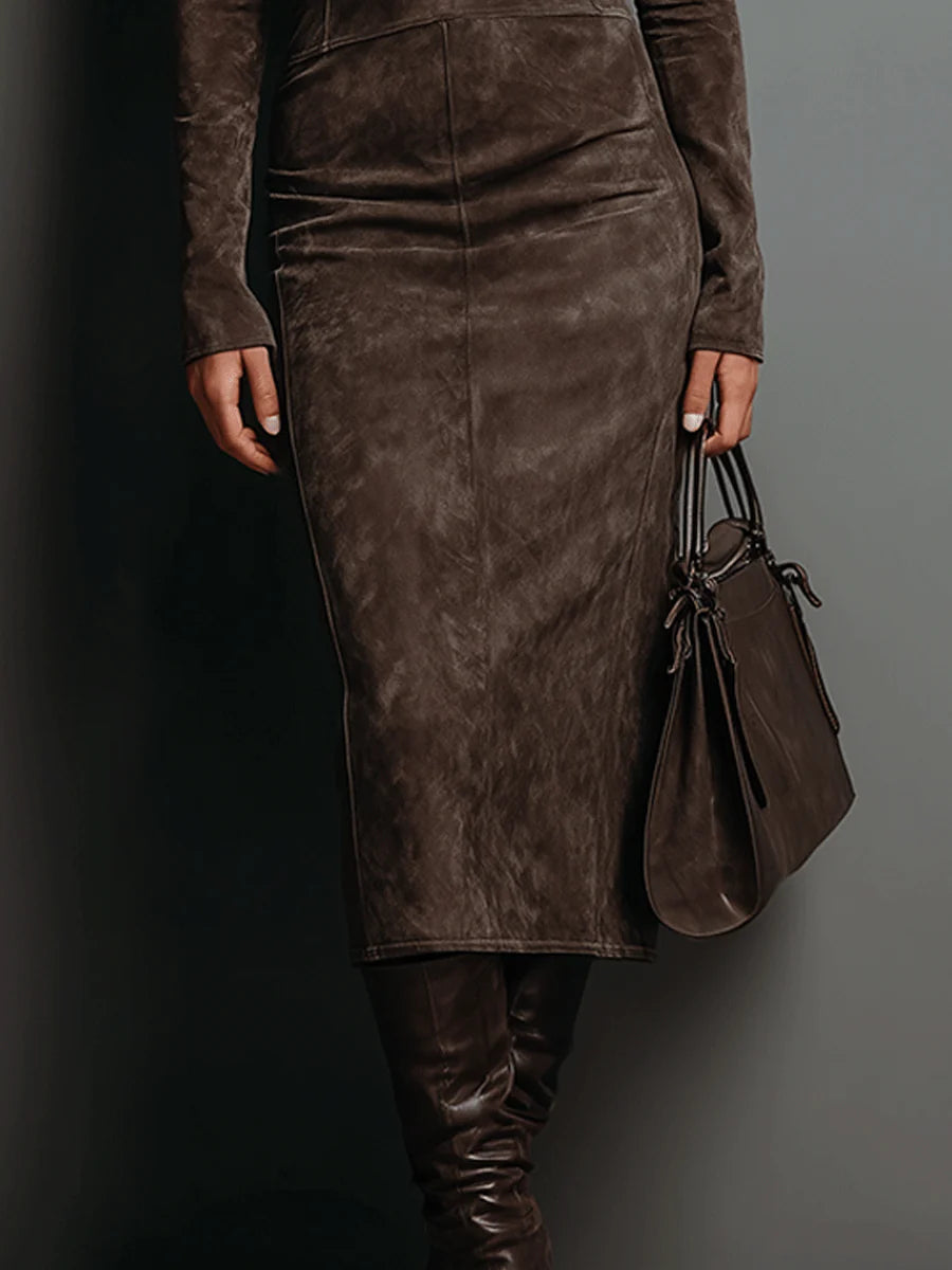 Elegantes Herbstkleid in Suedine Midi (5)