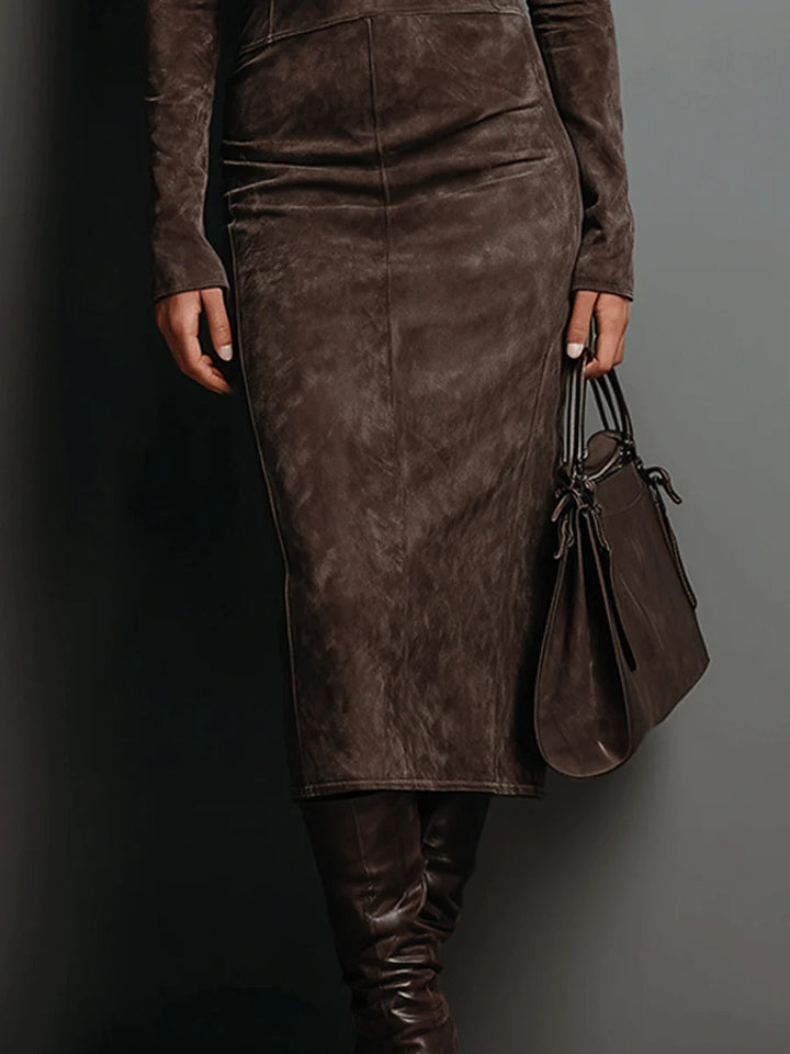 Elegantes Herbstkleid in Suedine Midi (5)
