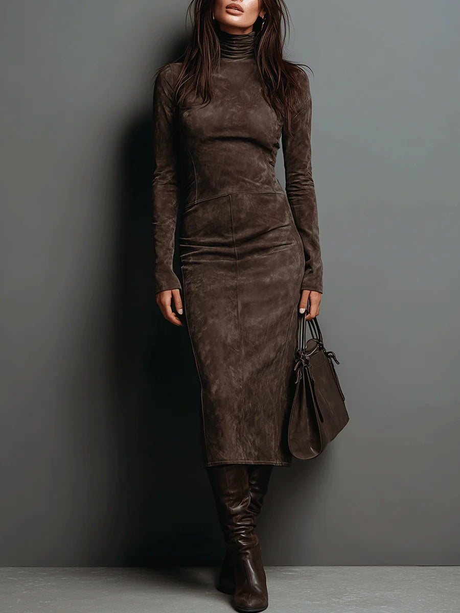 Elegantes Herbstkleid in Suedine Midi in Coffee