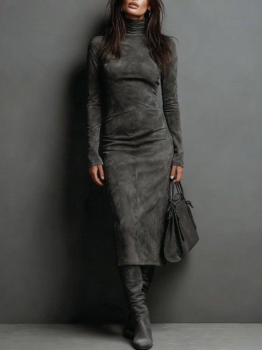 Elegantes Herbstkleid in Suedine Midi in Grün