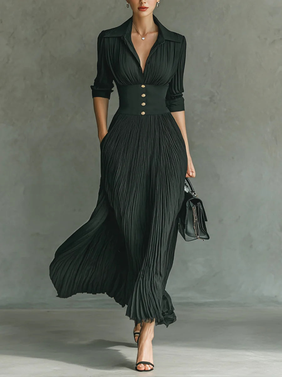 Elegantes Herbstkleid Midi aus Polyester in Schwarz