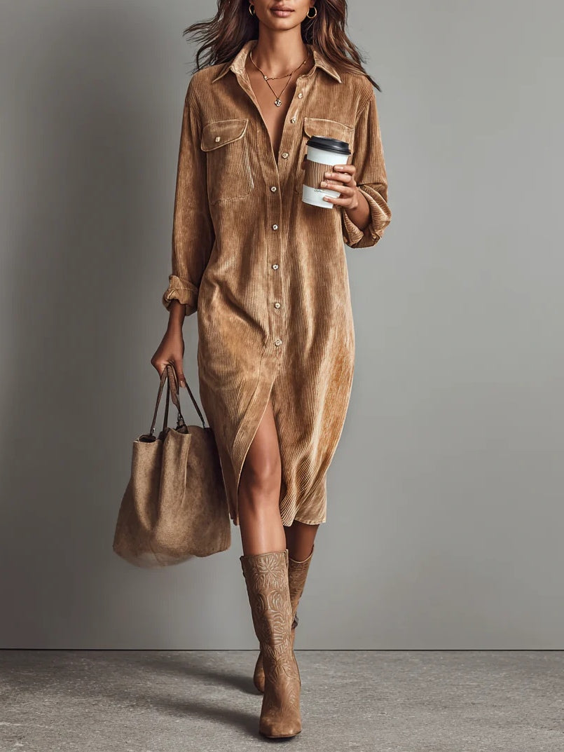 Elegantes Kleid für den Herbst mit ausgestelltem Saum in Khaki