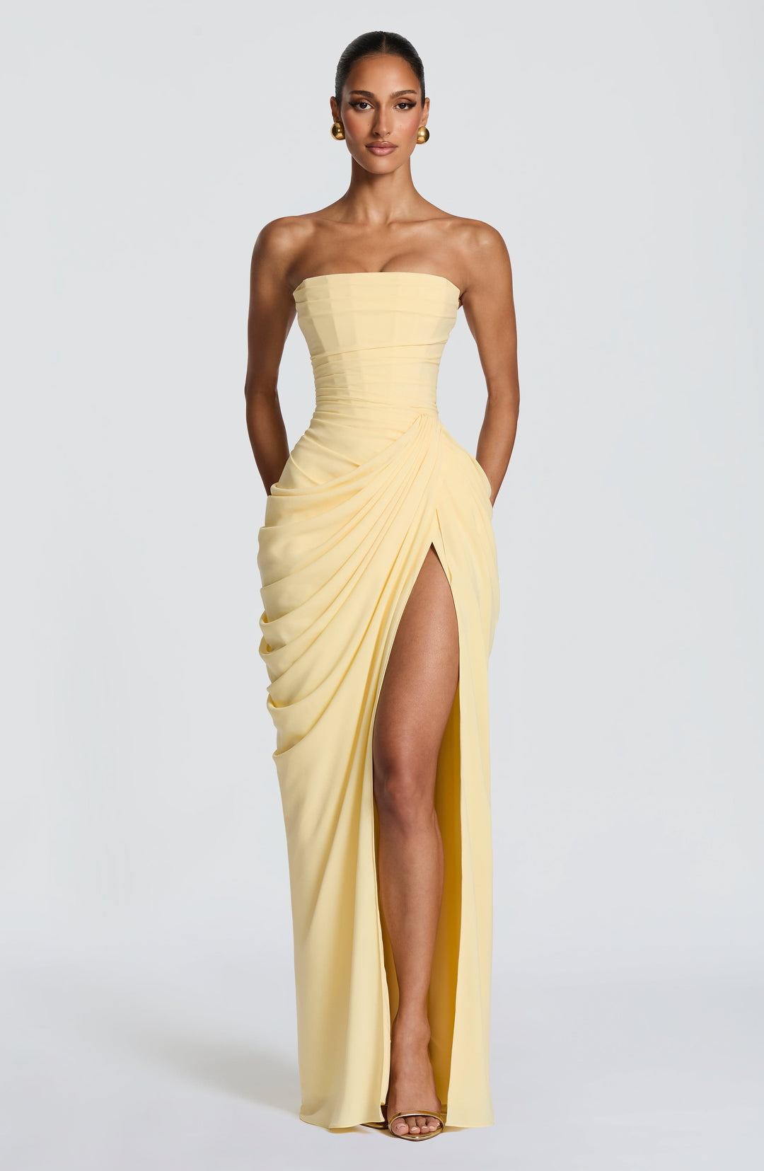 Elegantes Langes Abendkleid für Damen mit Raffung in Gelb
