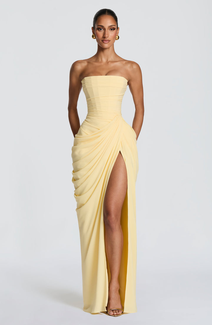 Elegantes Langes Abendkleid für Damen mit Raffung in Gelb
