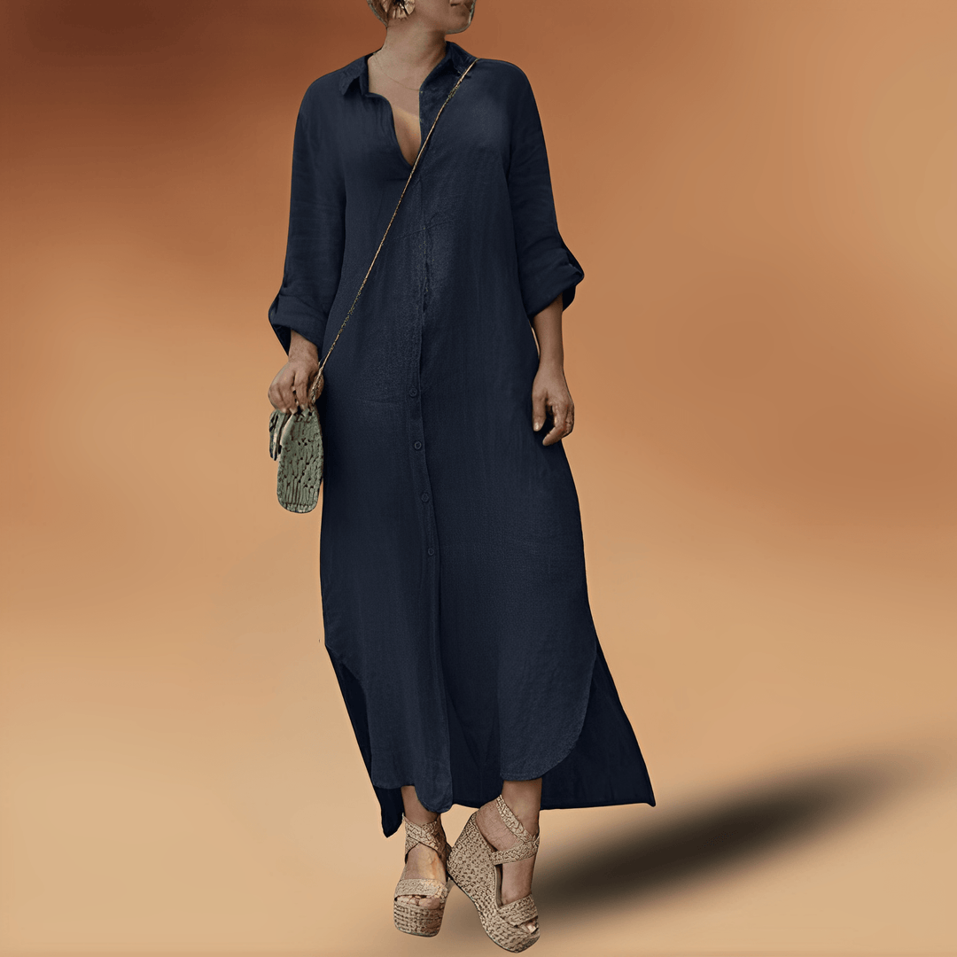 Elegantes leichtes Herbstkleid aus Leinen in Dunkelblau