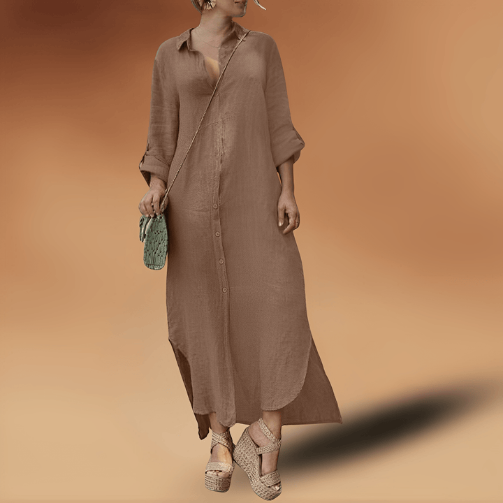 Elegantes leichtes Herbstkleid aus Leinen in Khaki