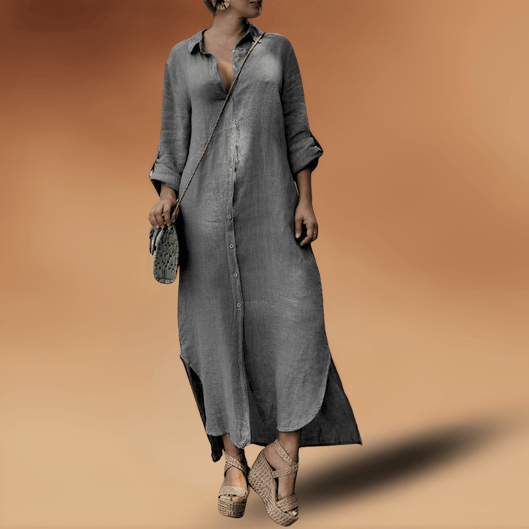 Elegantes leichtes Herbstkleid aus Leinen in Weiß-Grau
