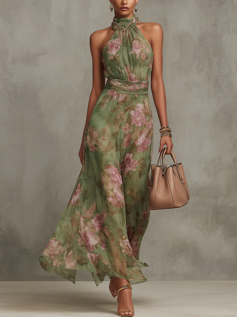 Elegantes Leinenkleid mit Blumenprint für den Sommer in Grüner Blumenprint 1