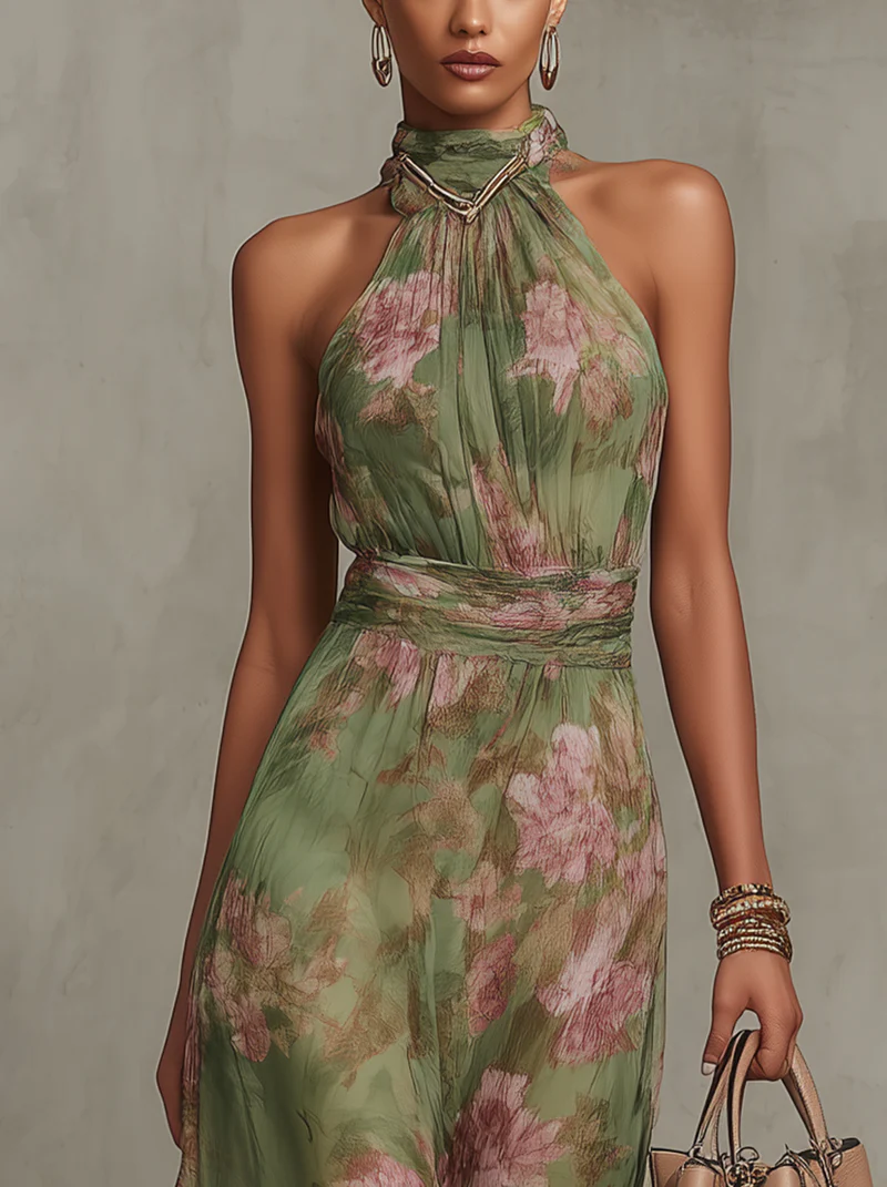 Elegantes Leinenkleid mit Blumenprint für den Sommer in Grüner Blumenprint 3