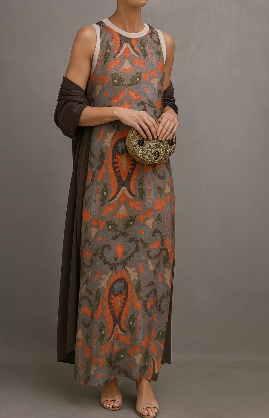 Elegantes Maxikleid mit Blumenstickerei in Grau