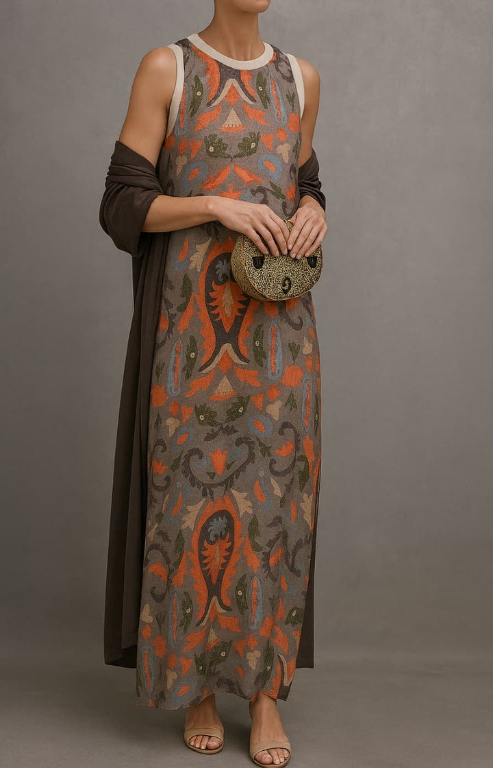Elegantes Maxikleid mit Blumenstickerei in Grau