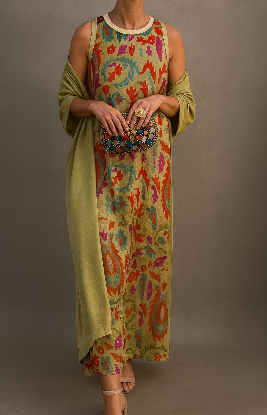 Elegantes Maxikleid mit Blumenstickerei in Grün