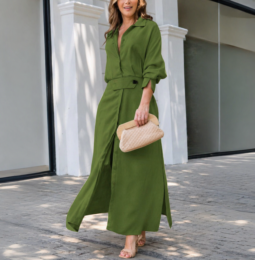 Elegantes Maxikleid mit Hemdkragen und strukturiertem Gürtel für Hochzeitsgäste im Sommer in Grün