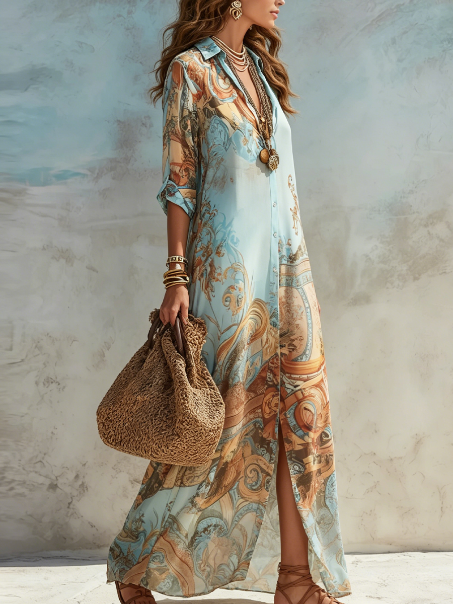 Elegantes Paisley Maxikleid aus Leinen in Hellblau 2