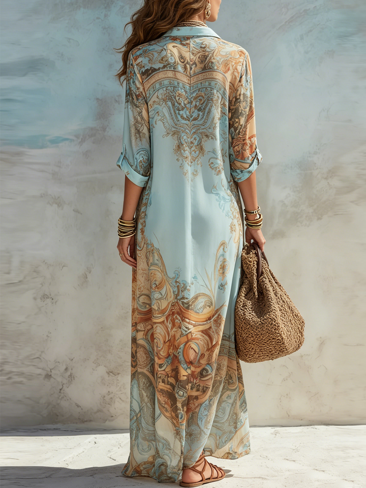 Elegantes Paisley Maxikleid aus Leinen in Hellblau 3