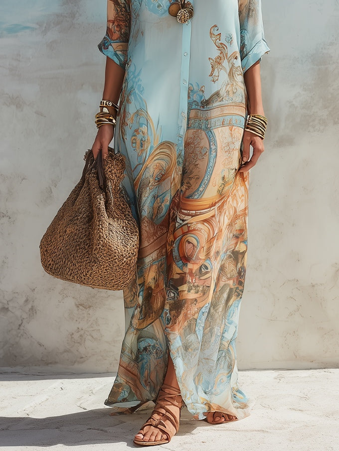 Elegantes Paisley Maxikleid aus Leinen in Hellblau 5