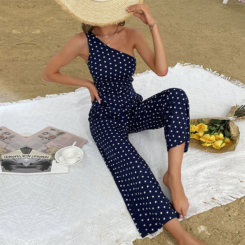 Elegantes Polka-Punkt-Maxikleid für den Sommer in Dunkelblau