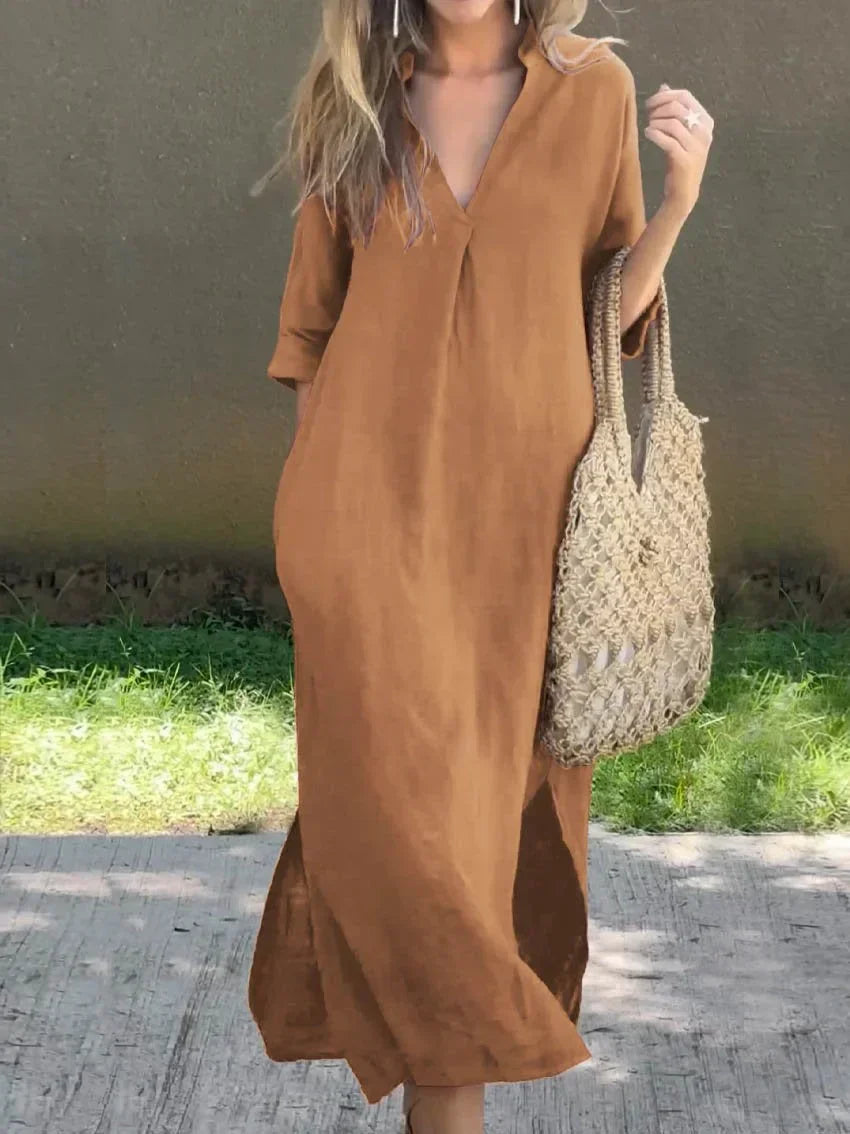 Elegantes Sommerkleid mit Taschen in Khaki