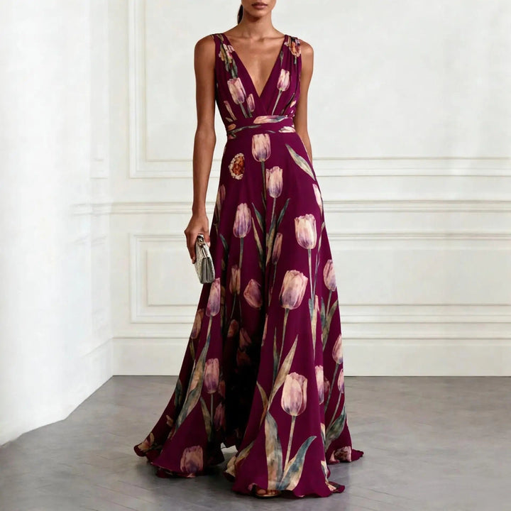 Festliches Chiffon-Maxikleid mit Blütenmuster für Hochzeitsgäste in Bordeaux