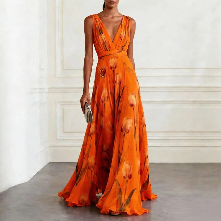 Festliches Chiffon-Maxikleid mit Blütenmuster für Hochzeitsgäste in Orange
