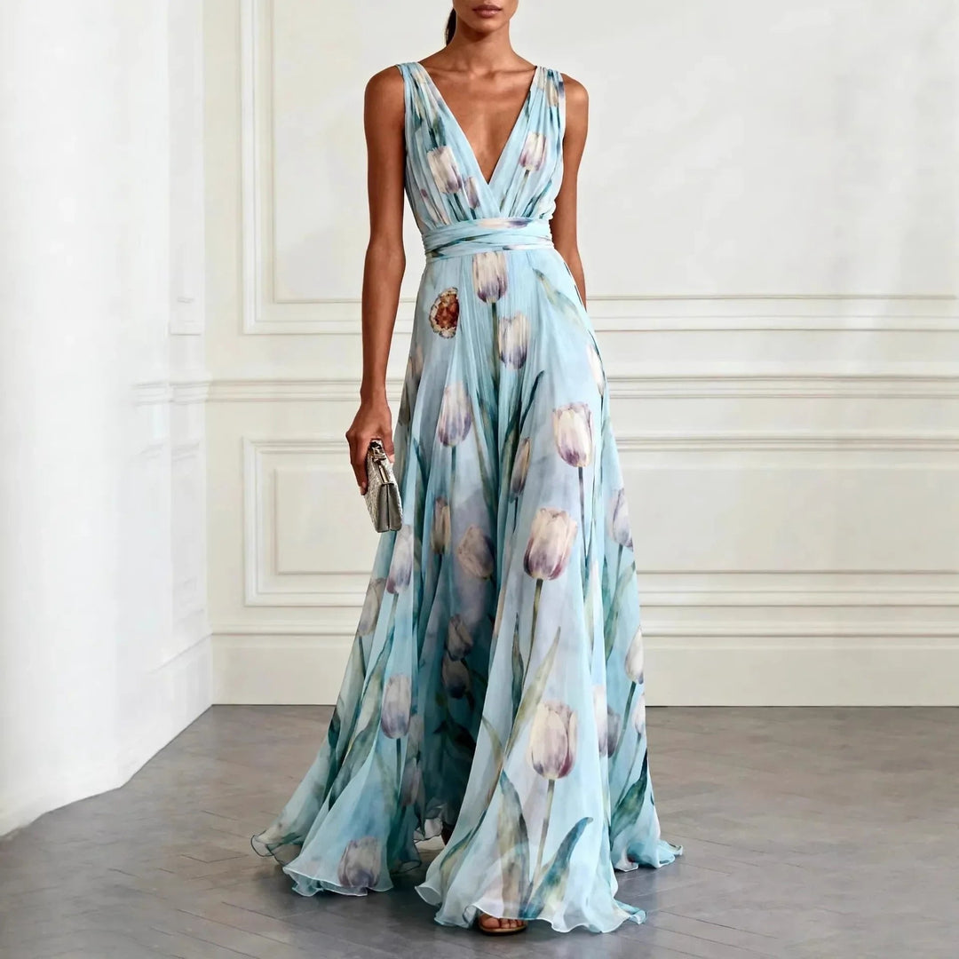 Festliches Chiffon-Maxikleid mit Blütenmuster für Hochzeitsgäste in Sky Blue