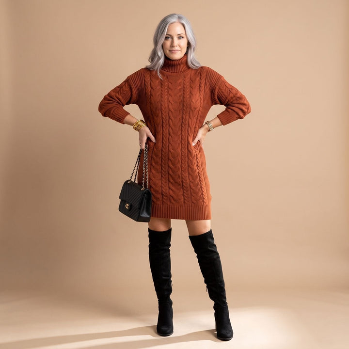 Festliches Damen Strickkleid für Hochzeitsgäste Midi in Braun