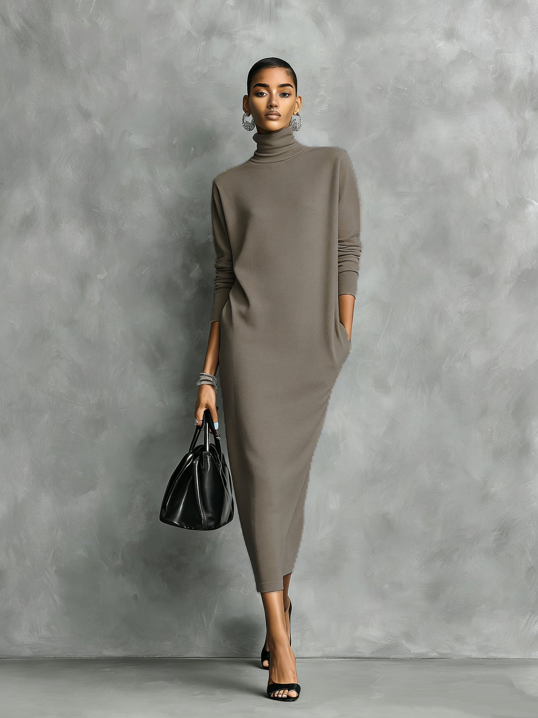 Festliches Herbstkleid Midi im klassischen Stil in Khaki-Brown