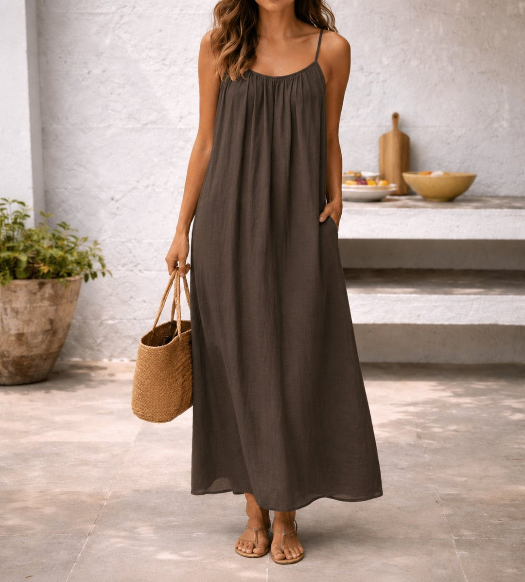 Festliches Kleid aus Leinen für Damen in Maxilänge in Braun