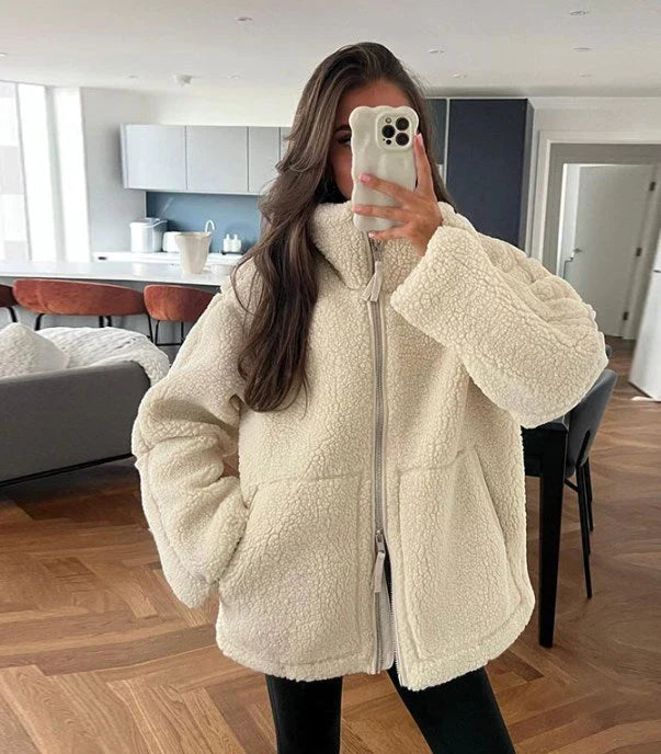 Flauschige Lange Herbstjacke für Damen in Beige 1