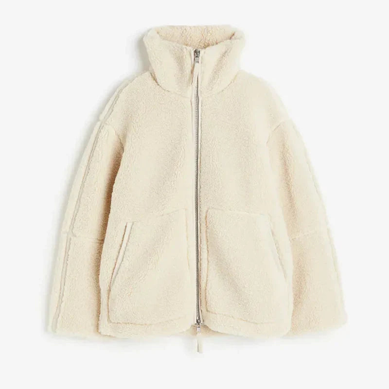 Flauschige Lange Herbstjacke für Damen in Beige 2