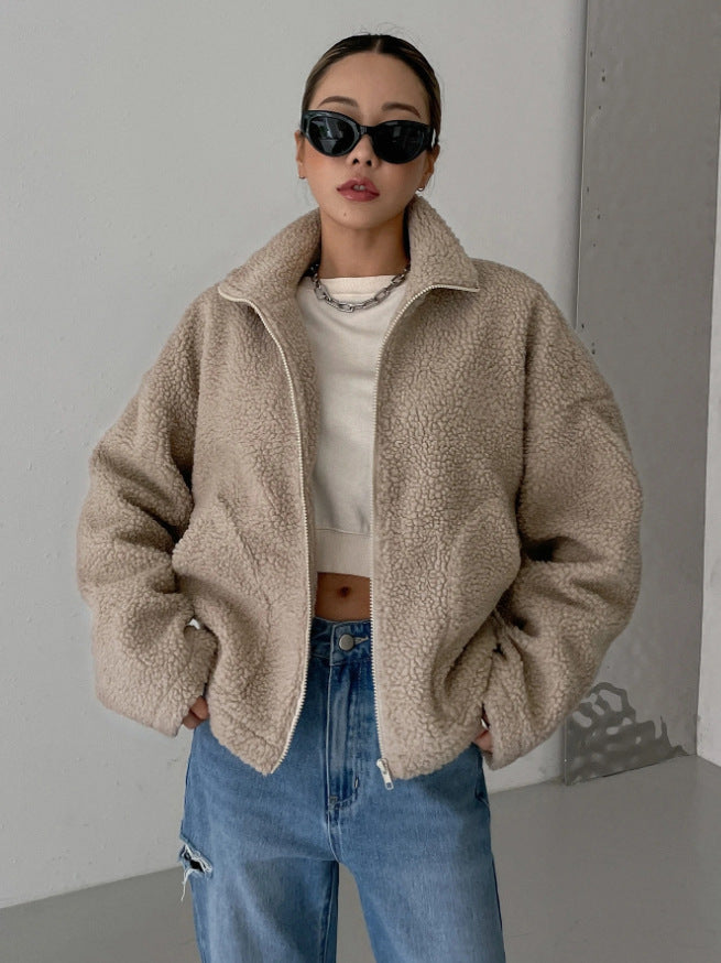 Flauschige Lange Herbstjacke für Damen in Braun