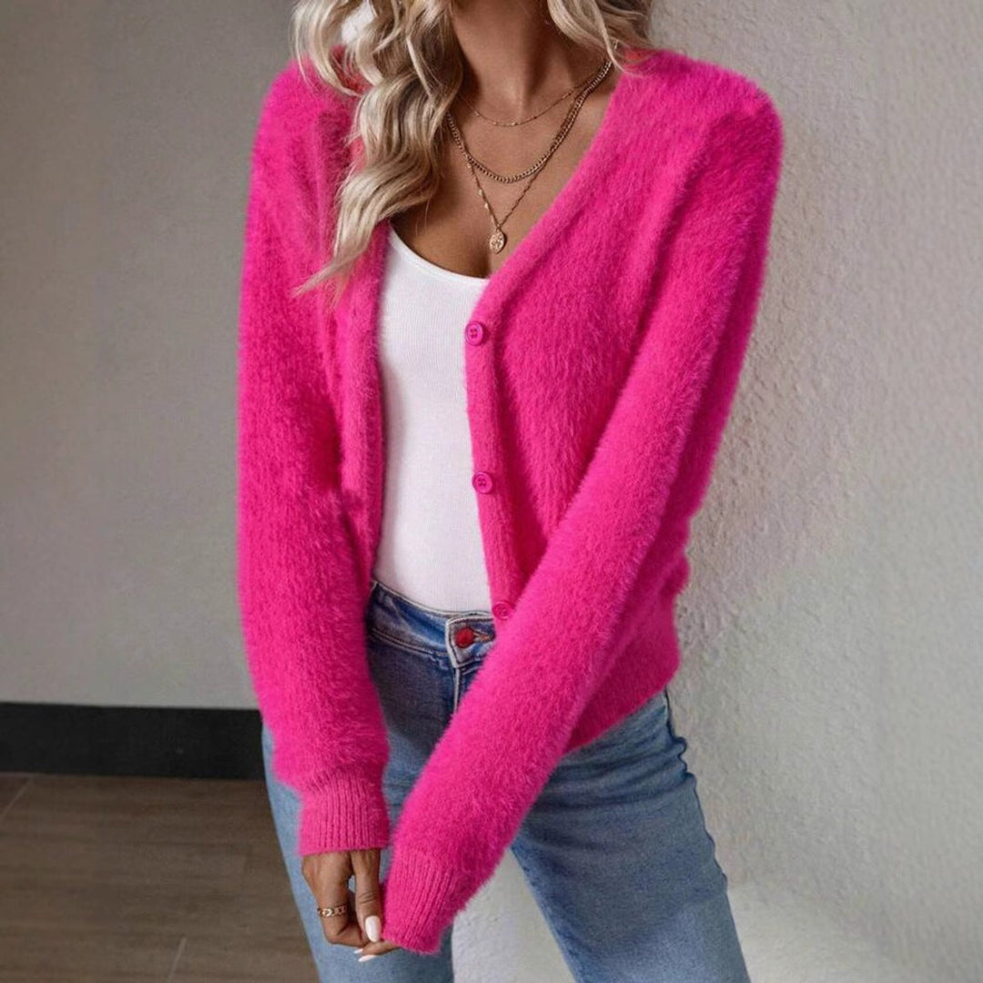 Flauschiges Damen Strickkleid im Cardigan-Stil mit V-Ausschnitt (5)