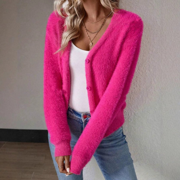 Flauschiges Damen Strickkleid im Cardigan-Stil mit V-Ausschnitt (5)