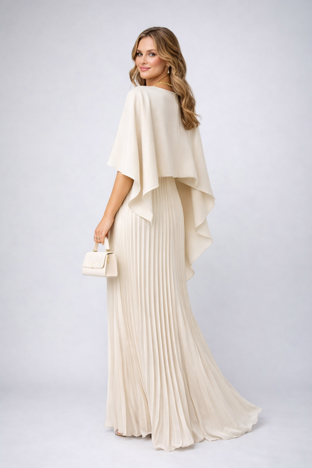 Fließendes Damen Maxikleid mit Stehkragen und eleganter Plissierung für festliche Hochzeitsgäste (4)