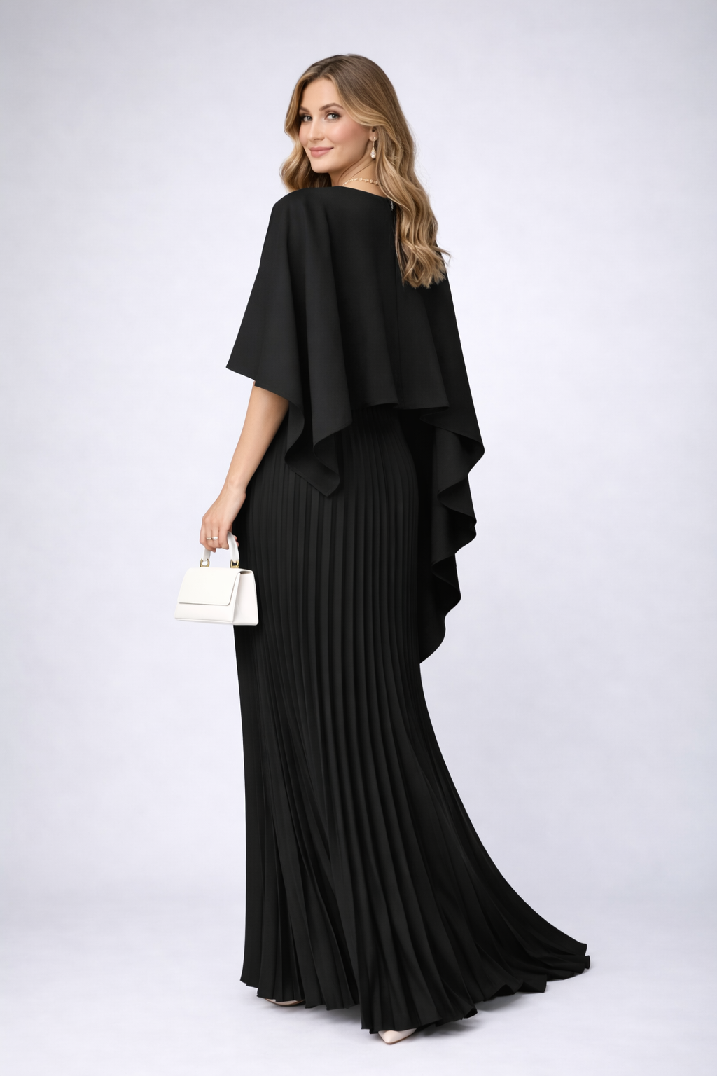 Fließendes Damen Maxikleid mit Stehkragen und eleganter Plissierung für festliche Hochzeitsgäste (5)