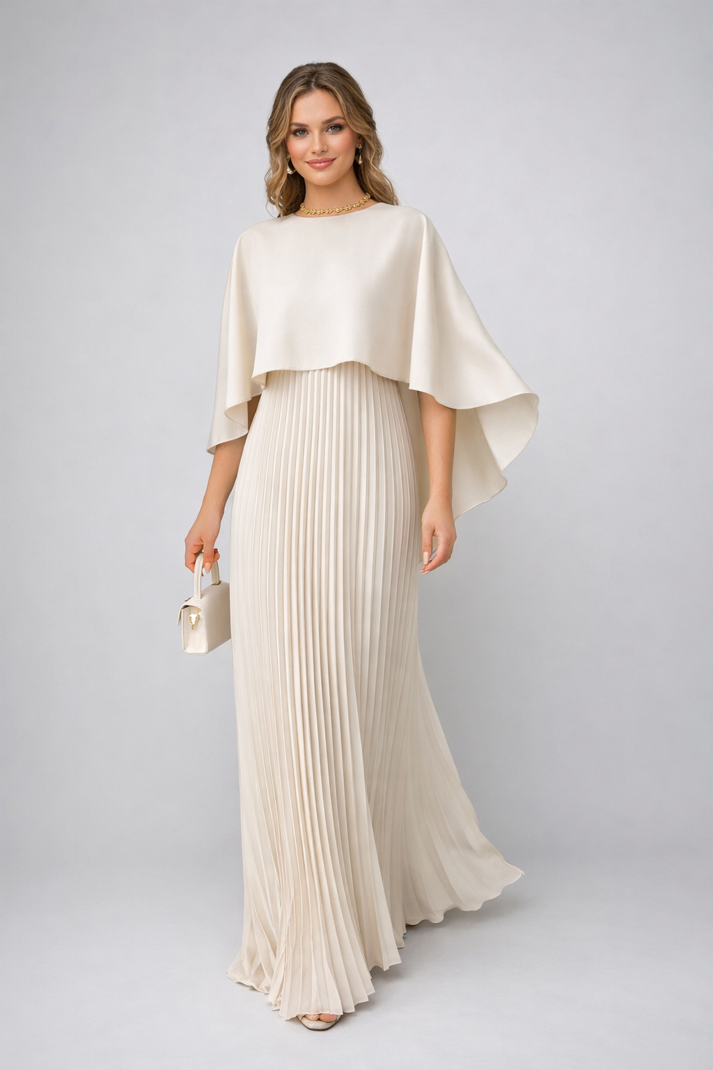 Fließendes Damen Maxikleid mit Stehkragen und eleganter Plissierung für festliche Hochzeitsgäste in Off-White