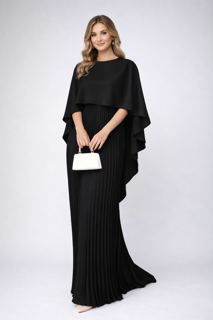 Fließendes Damen Maxikleid mit Stehkragen und eleganter Plissierung für festliche Hochzeitsgäste in Schwarz