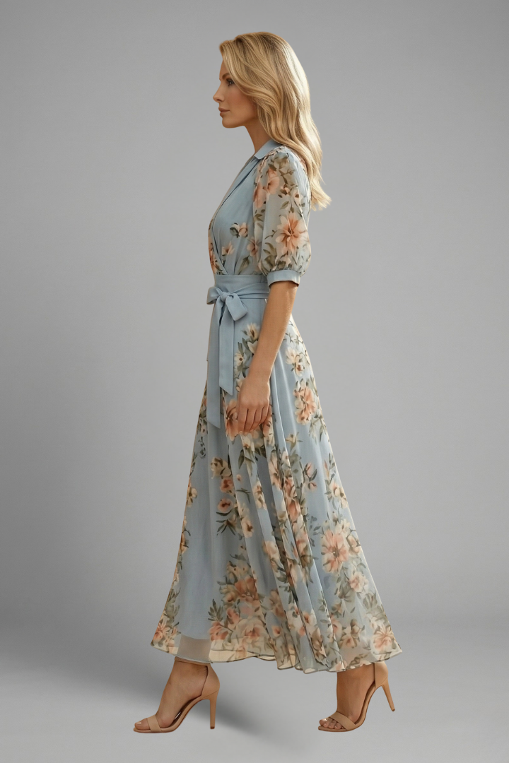 Floralbedrucktes Midikleid mit eleganter Taillierung und V-Ausschnitt für Hochzeitsgäste im Sommer (3)