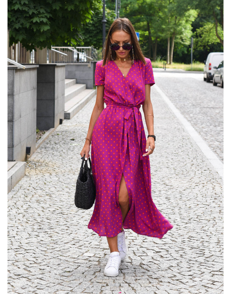 Florales Boho-Maxikleid für Hochzeitsgäste in Rote Punkte 1