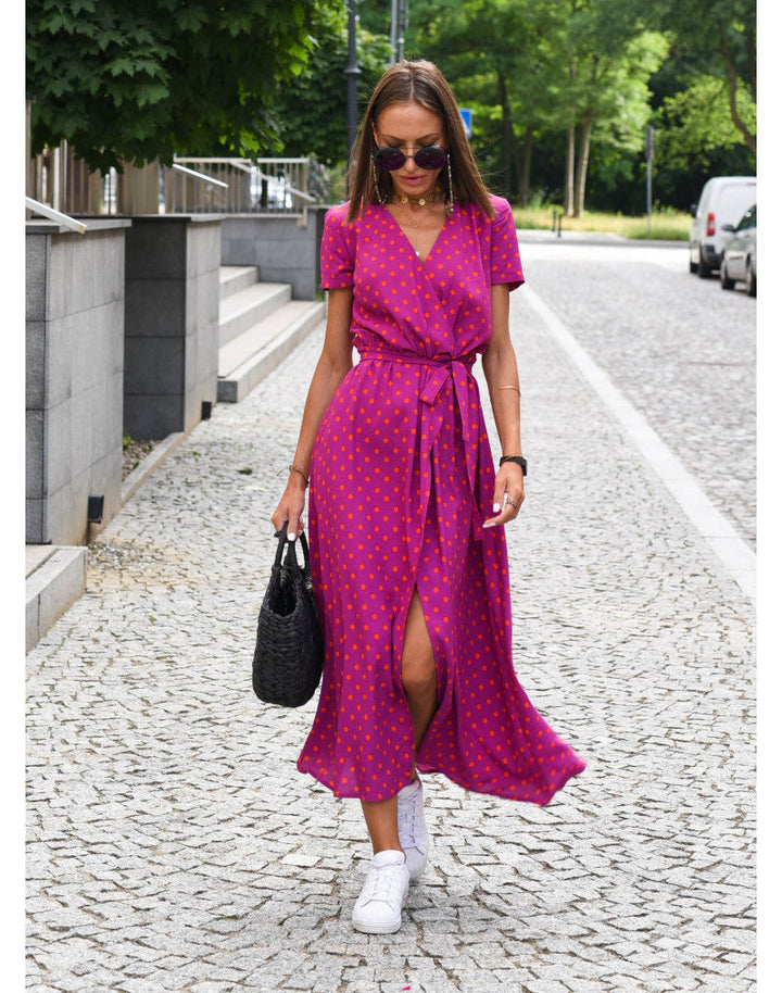 Florales Boho-Maxikleid für Hochzeitsgäste in Rote Punkte 1