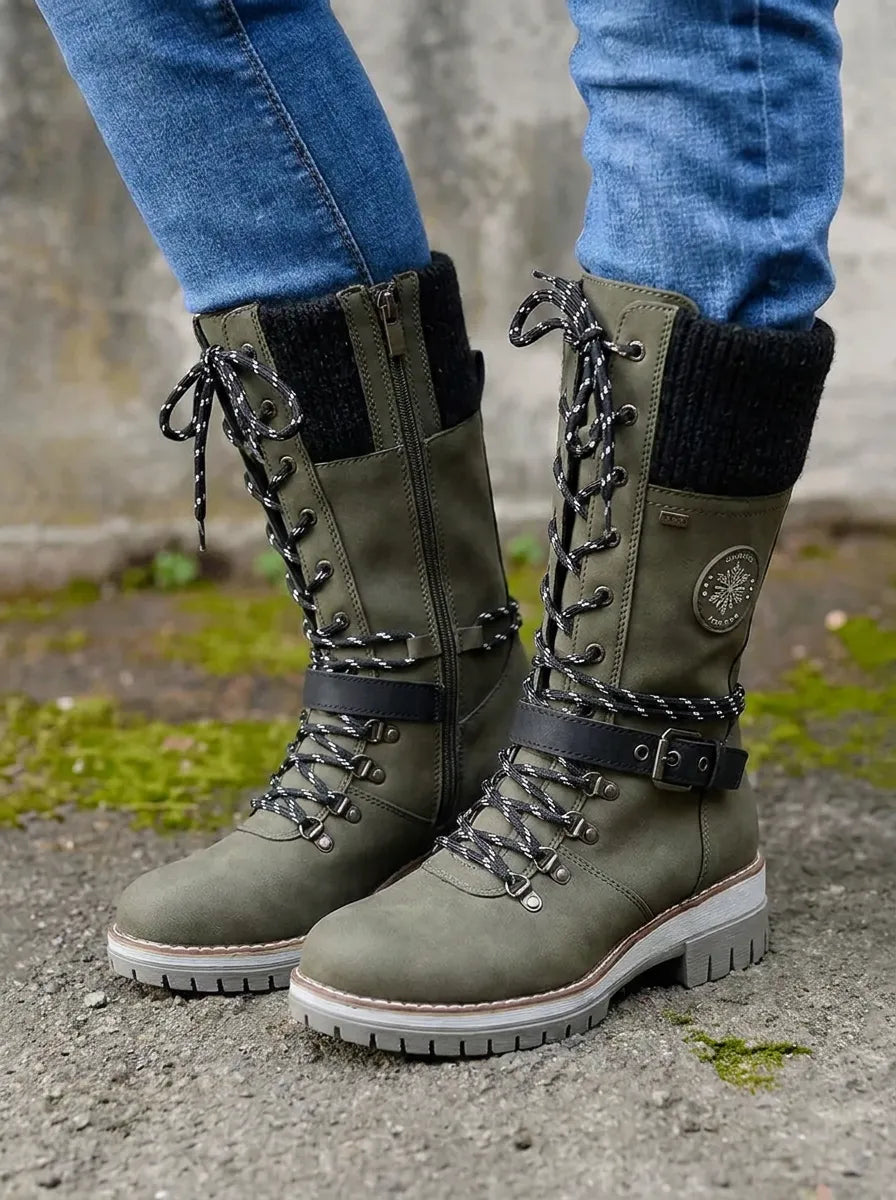 Gefütterte Damen Stiefel Wasserdicht Wadenlänge in Grün