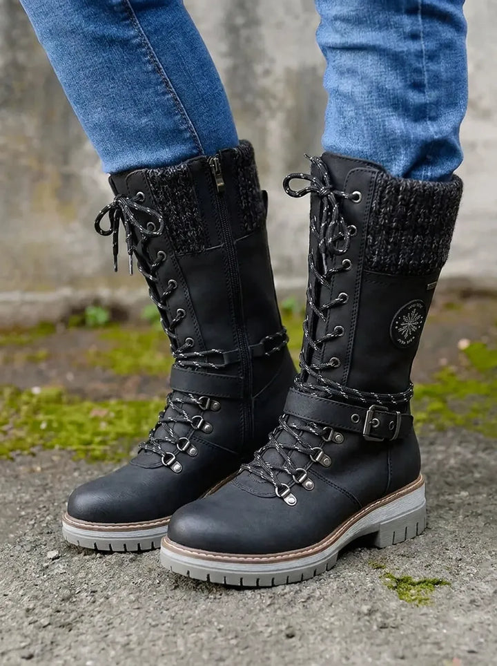 Gefütterte Damen Stiefel Wasserdicht Wadenlänge in Schwarz