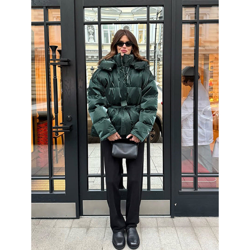 Gesteppte Damen Winterjacke mit Taillenkordel und Glanz (3)