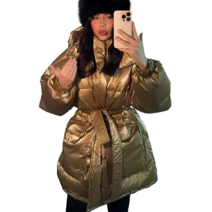 Gesteppte Damen Winterjacke mit Taillenkordel und Glanz (5)
